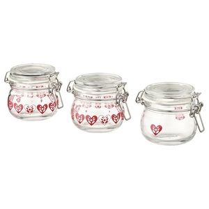 IKEA VINTERFINT Jar with lid, heart pattern clear glass/red, 4 oz /3- PACK
